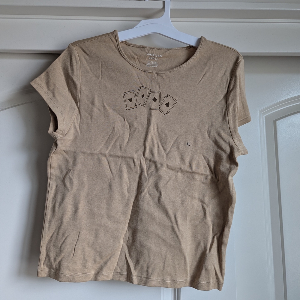 American Eagle Outfitters Tan Short Sleeve Tee with Card Design